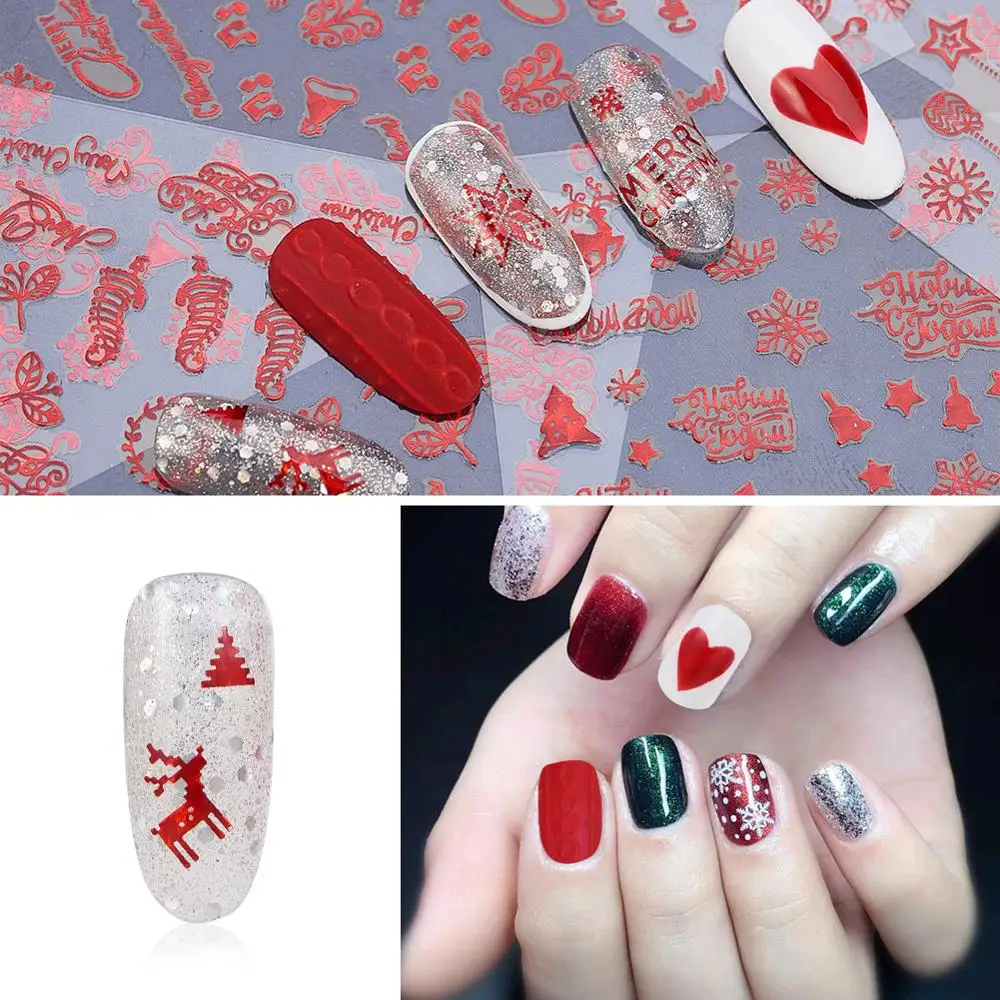 Наклейка для дизайна ногтей Новогодняя тема Красный Золотой олень снежинка
