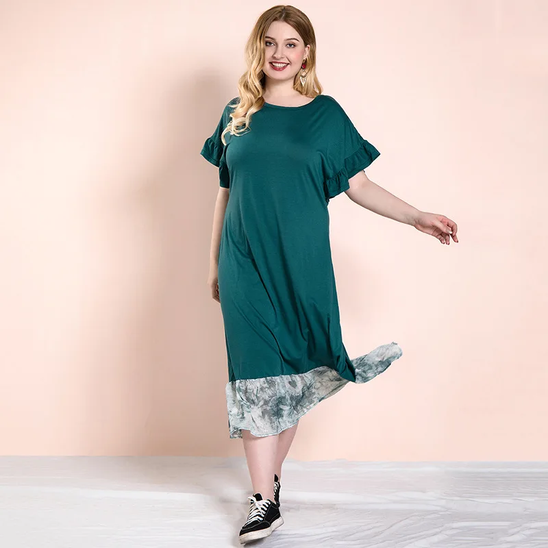 

Summer Dress Woman Big Size Patchwork Ruffles Green Dress Casual Petal Sleeve House of Sunny Dress Midi Plus Size Party Dresses