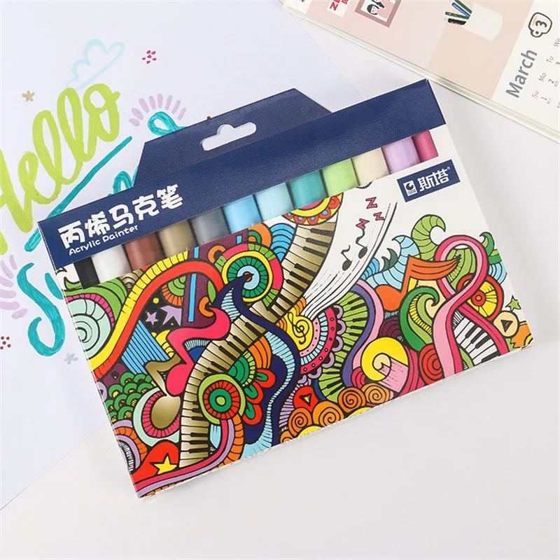 

12 Colors Acrylic Marker Art Water-Based Color Body Paint Pen For Ceramic Rock Glass Porcelain Mug Wood Fabric Canvas Painting