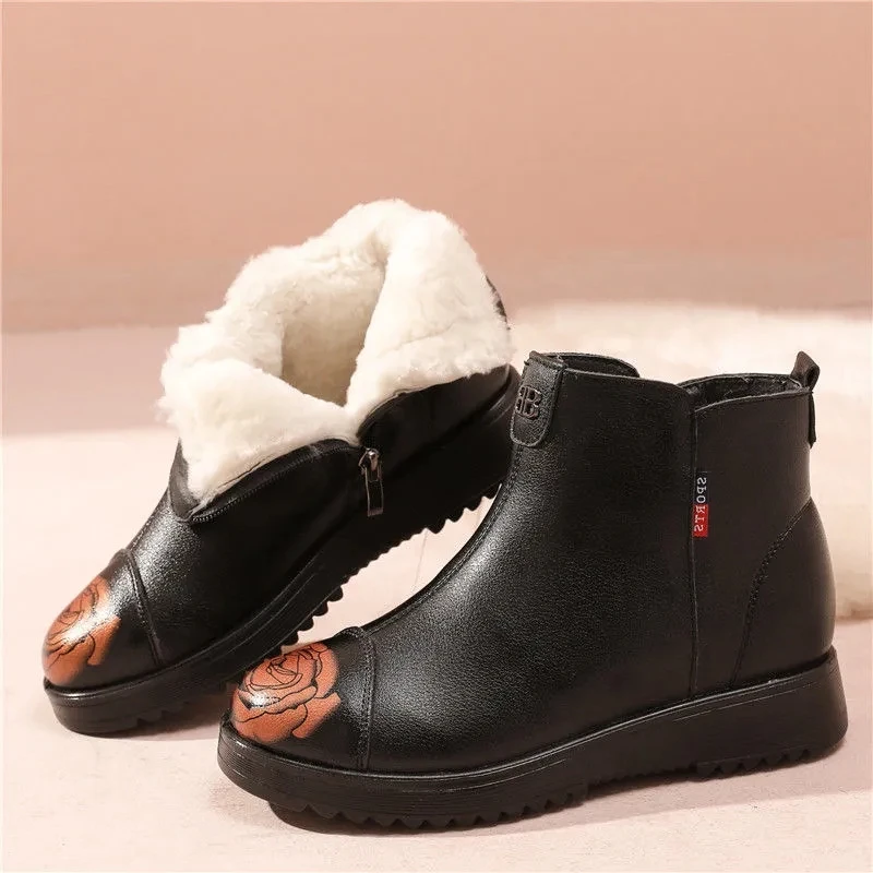 

Waterproof mother winter snow boots 2021 new arrival faux fleece ankle martin boots women black wine-red leather shoes