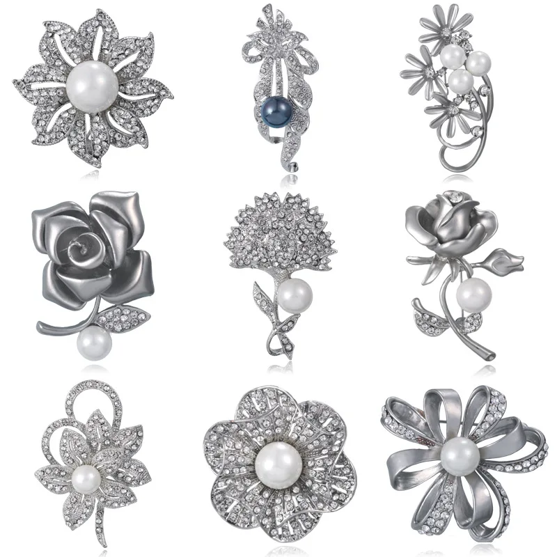 

Luxury Silver Color Crystal Rhinestone Pearl Bowknot Flower Rose Plant Brooches Pins For Women Corsage Wedding Accessories Gift