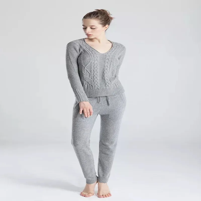 Женский кашемировый костюм из 2 предметов вязаный шерстяной свитер с V-образным