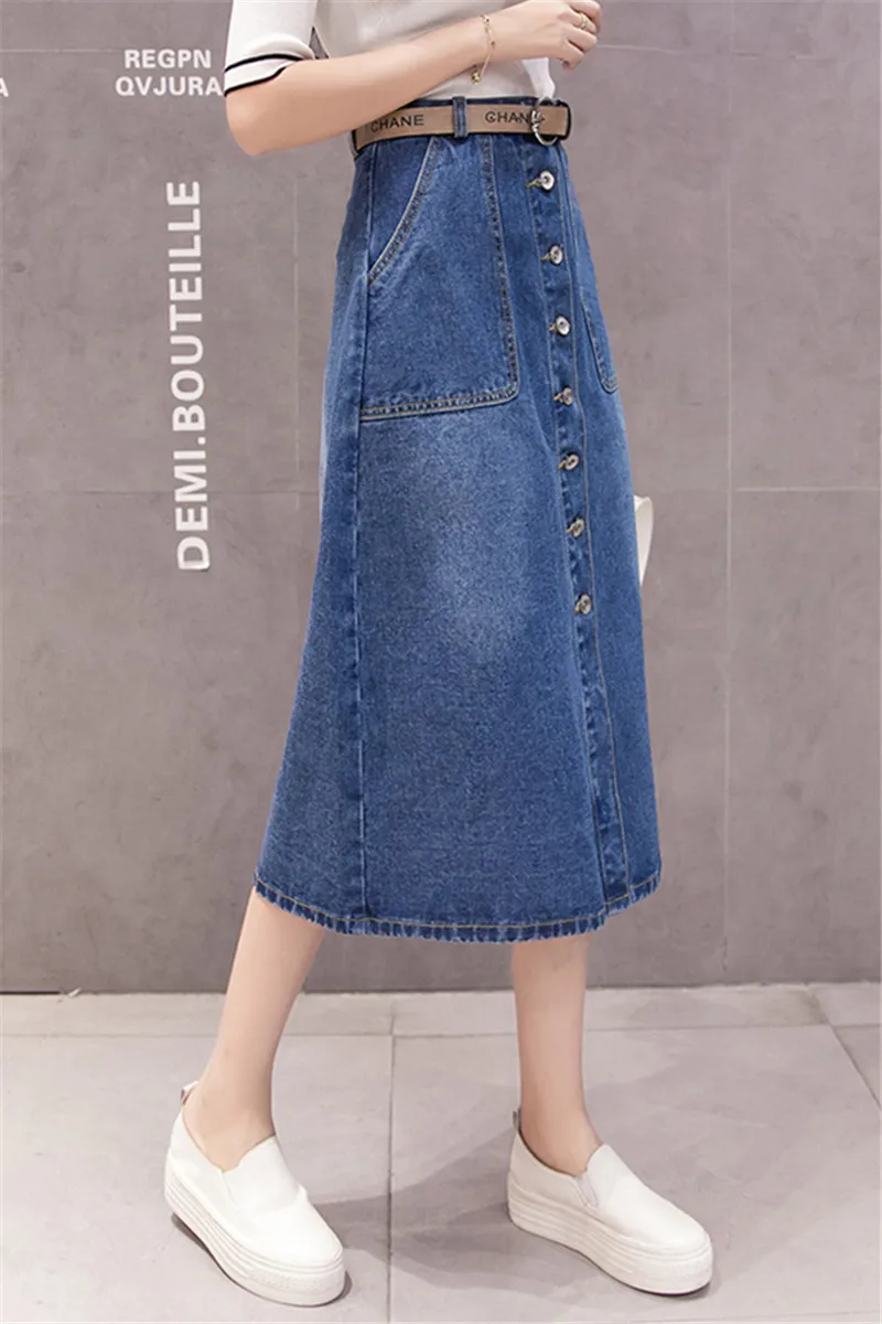 

High Waist Denim Midi Skirts Women 2021 New Spring Summer korean style Solid Blue Single-breasted A Line Casual Jeans Skirt