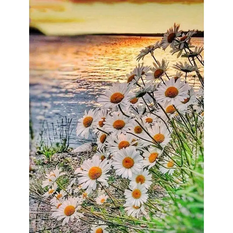 

CHENISTORY 5d Diy Diamond Painting Daisies Flowers Full Square/Round Diamond Embroidery Mosaic Lake Landscape Art Kit Home Decor