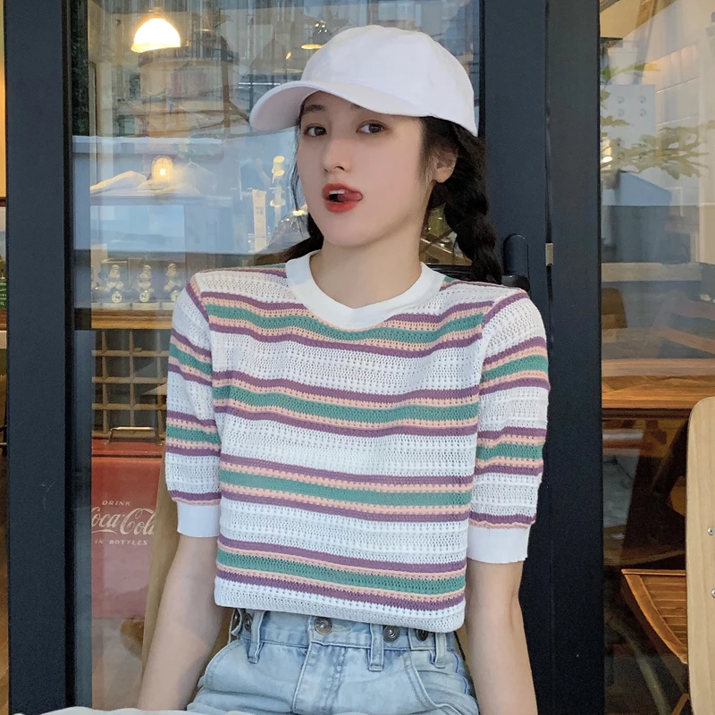 

2 colors 2020 summer rainbow stripe short sleeve slim knitted t shirts womens tee shirt femme cropped tops for womens (C1318)