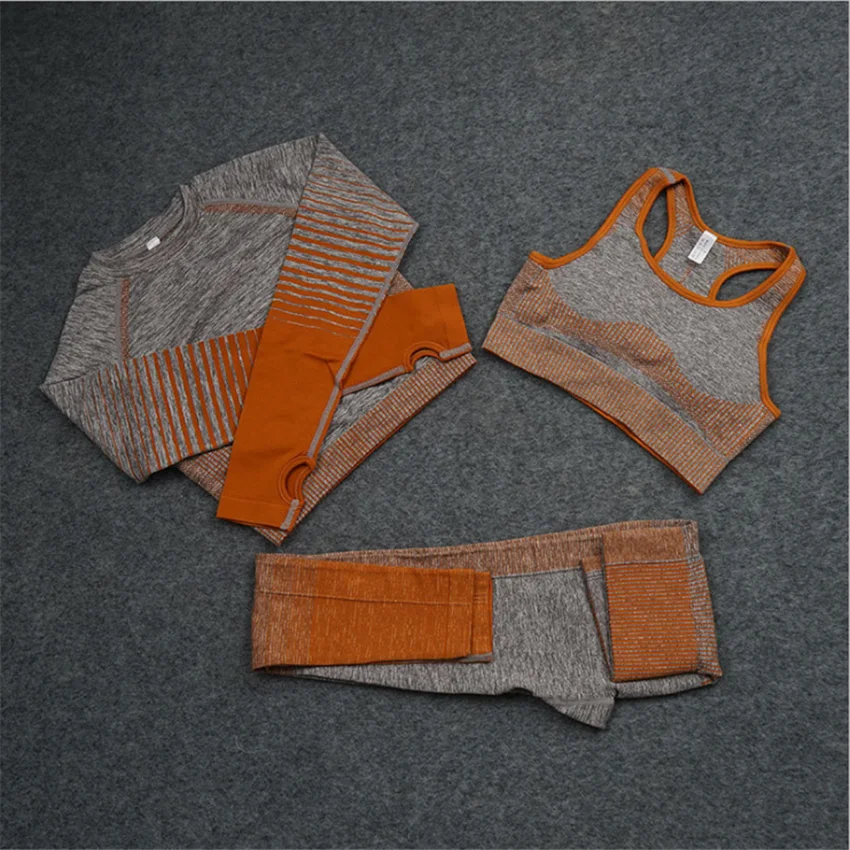 

2020 seamless striped yoga suit sports suit women 3 piece sports bra + tight long sleeve top + leggings fitness gym suit DS41