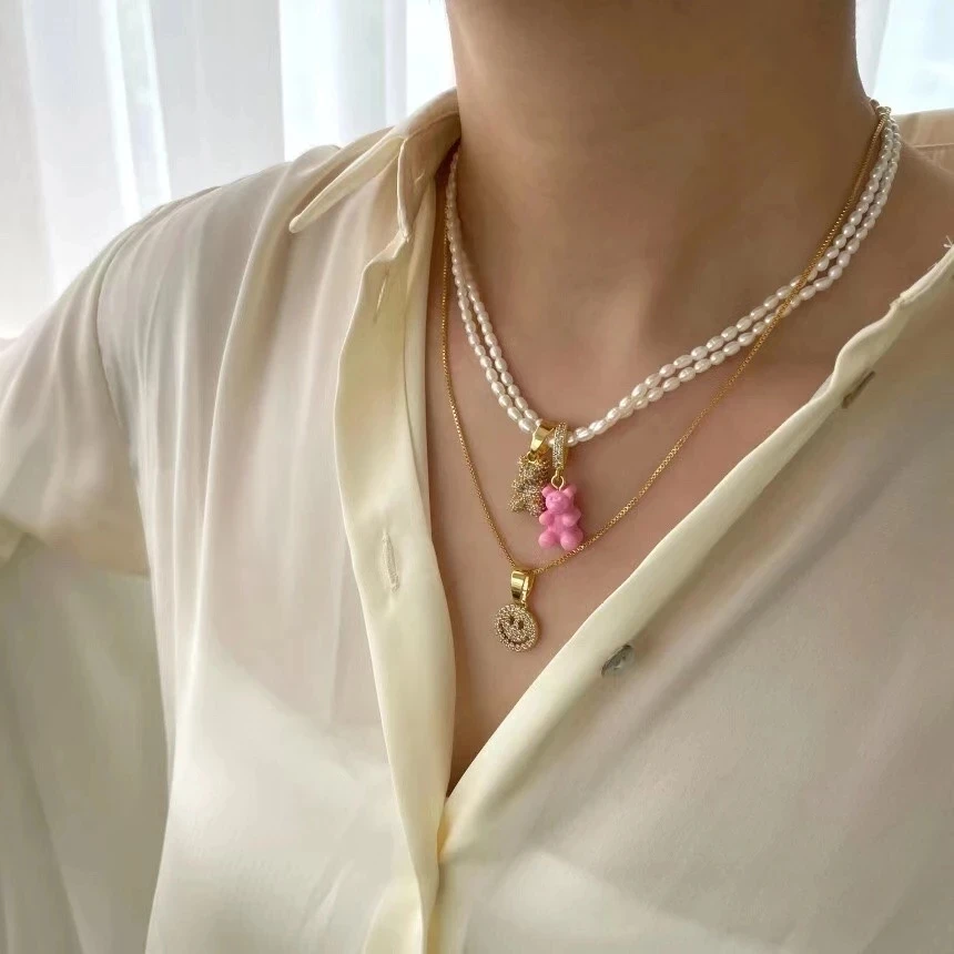 HUANZHI 2021 New Zircon Crystal Color Resin Teddy Bear Pendants Necklaces For Women Heart Gold Choker Necklace Jewelry Travel | Украшения и