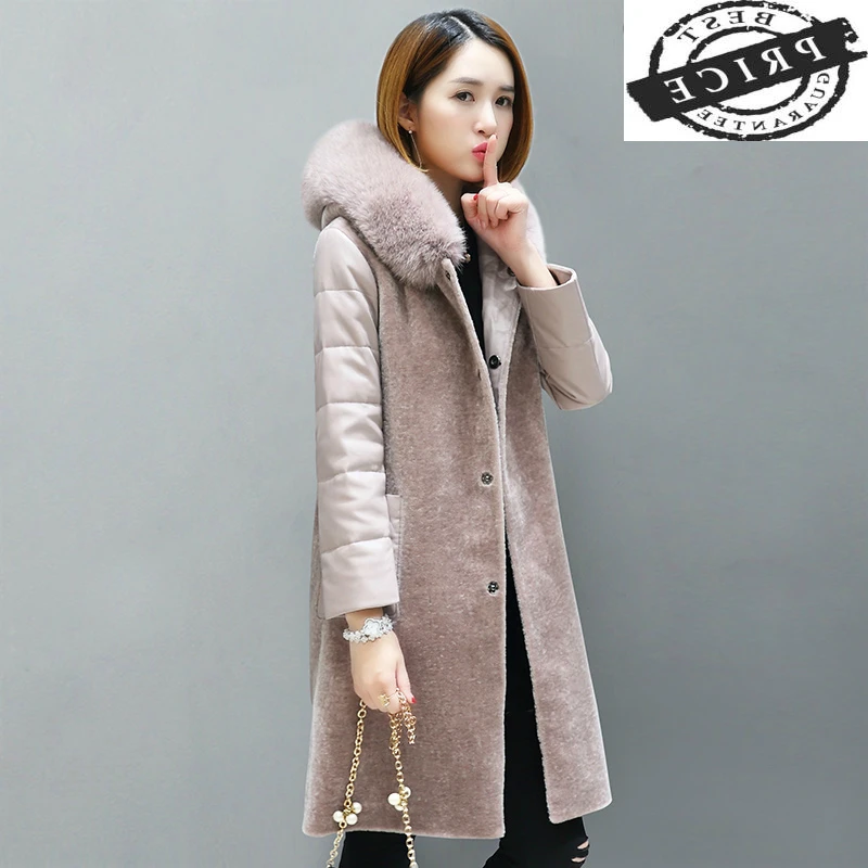 

2021 Women Clothes Natural Wool Overcoat Sheep Shearing Coats Female Sheepskin Leather Sleeve Parka Real Fox Fur LWL13a2