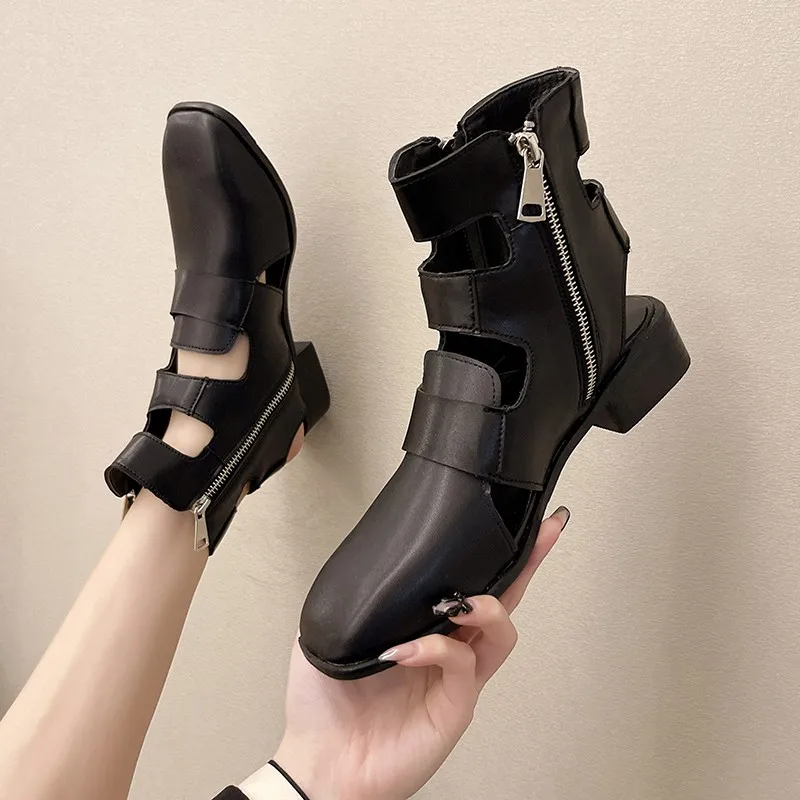 

Square Toe Fashion Small Leather Shoes Women's Shoes Spring and Summer Square Heel Black All-match High-top Shoes Single Shoes