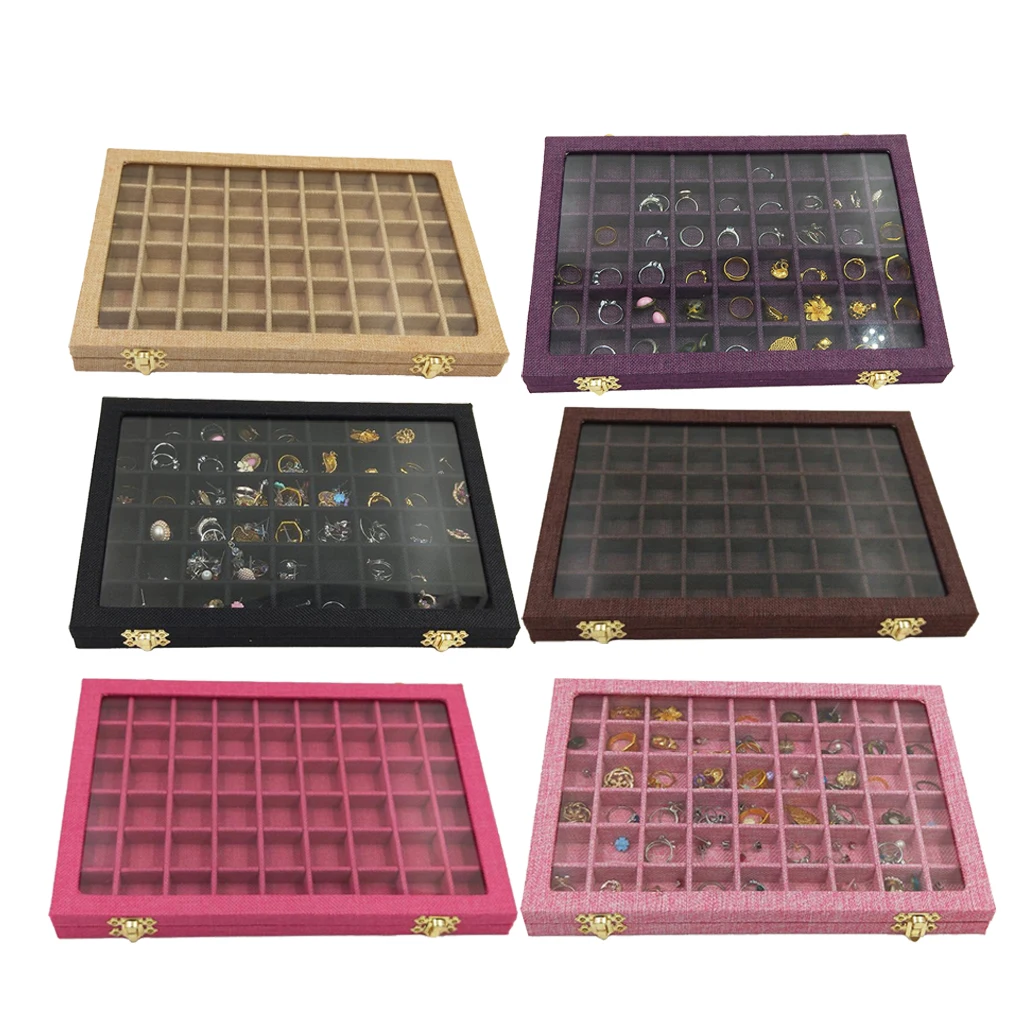 Line Board 54 Grids Clear Glass Lid Rings Holder Showcase Jewelry Case Organizer Jewelry Box for Earrings Necklaces Bracelets