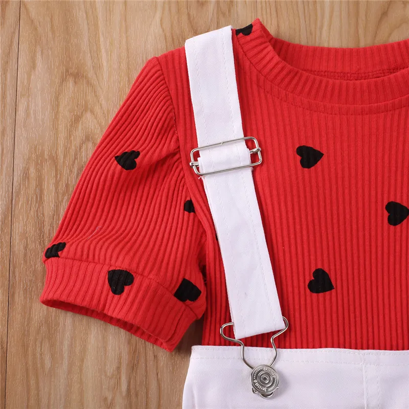 1-6Y Valentine Day Toddler Kid Baby Girl Heart Short Sleeve Tops T-shirt Bib Suspender Shorts Pants 2Pcs Set Clothes Outfit |