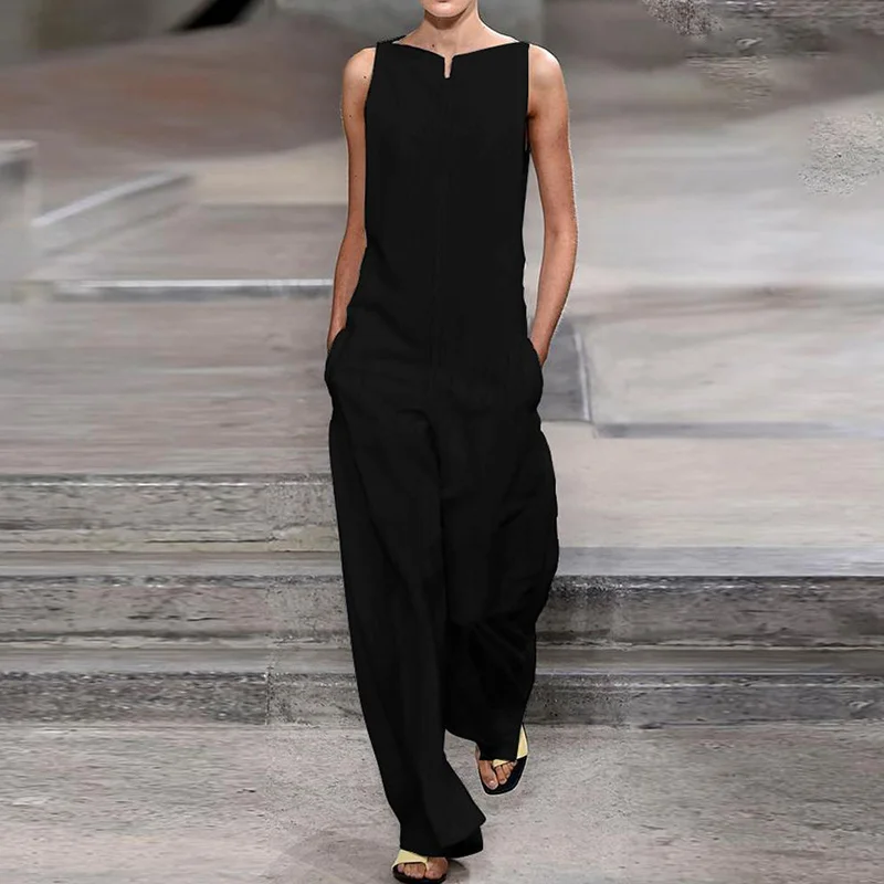 

Summer Women Sexy Mini Sleeveless Jumpsuit Solid One piece Set Wide Leg Pants Rompers Casual Plus Size Outfit Pockets Overalls