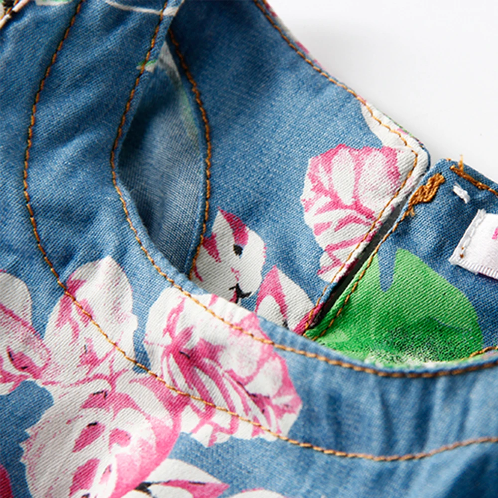 

LittleSpring Toddler Girls Denim Dresses Floral Flare Sleeve Summer Exposed Shoulders Dresses