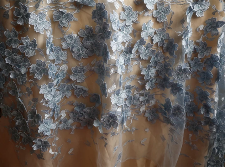 Светло голубая кружевная ткань с 3D цветами вышивкой для невесты свадьбы высокой