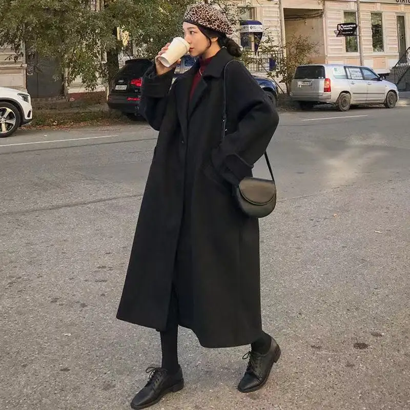 

Winter Woman Long Coat Fashion Korean Preppy Style Retro Windbreaker Casual Warm Woolen Coat Oversize 2021 Spring Women Coat