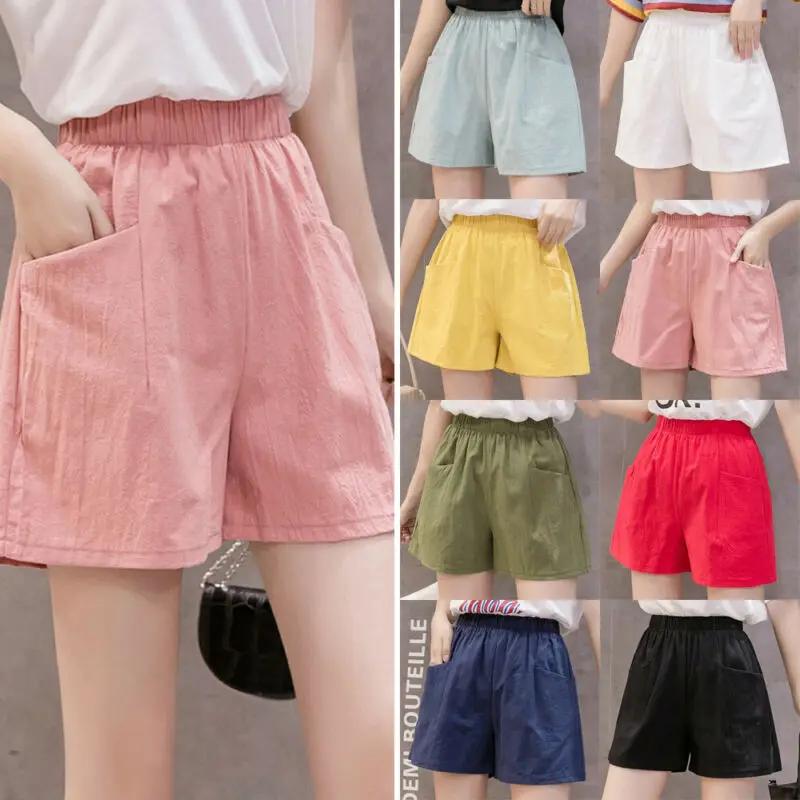 

Womens Casual Solid Elastic Waist Shorts Pockets Summer Short Pants Bottoms US