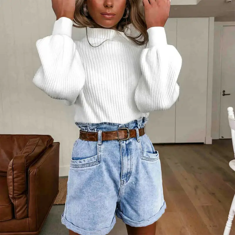 Women Long Sleeve Baggy Autumn Winter Sweaters Lady Casual Top Jumper Sweater High Neck White Pullover Knitwear | Женская одежда