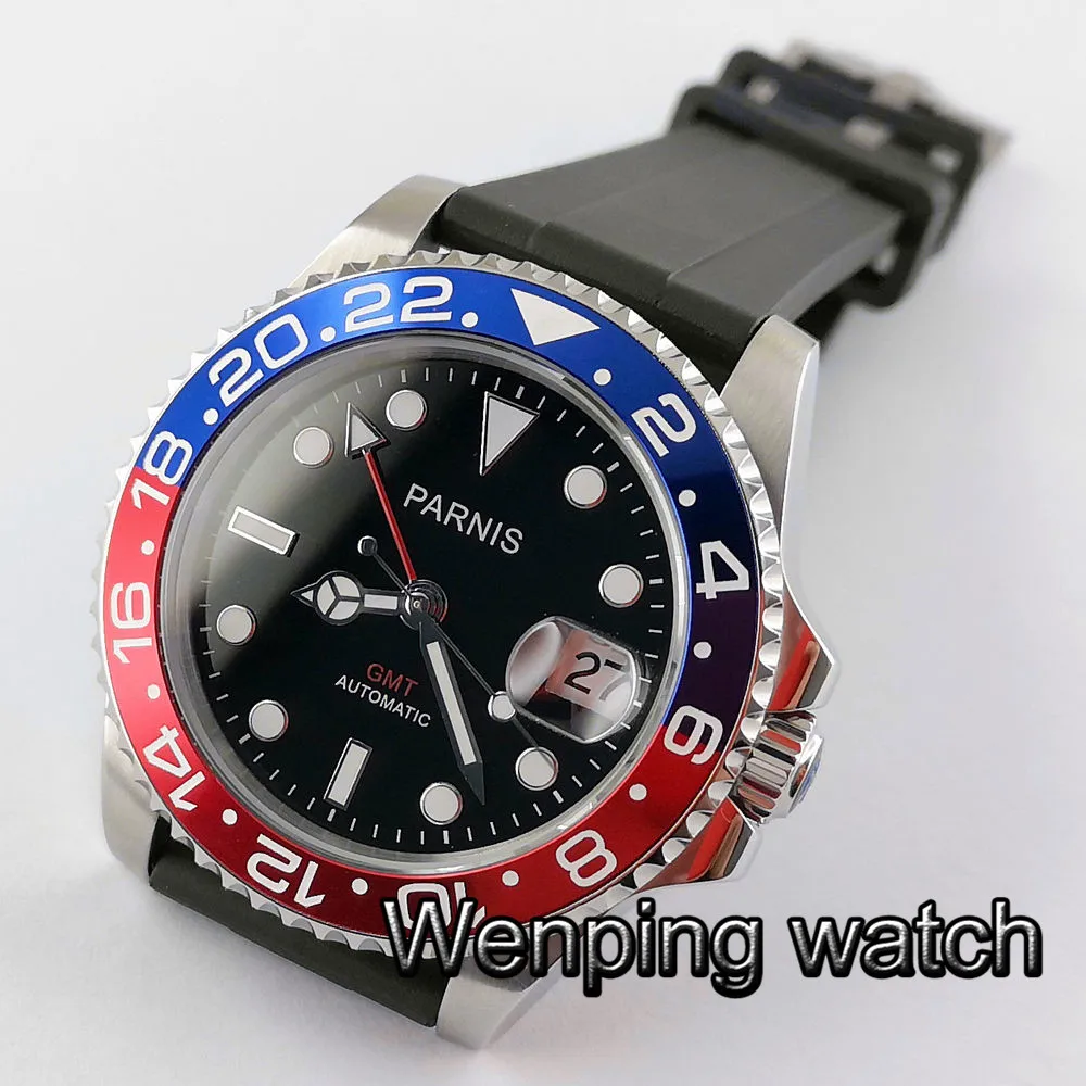Мужские роскошные брендовые часы Parnis 40 мм GMT красная и синяя рамка сапфировая