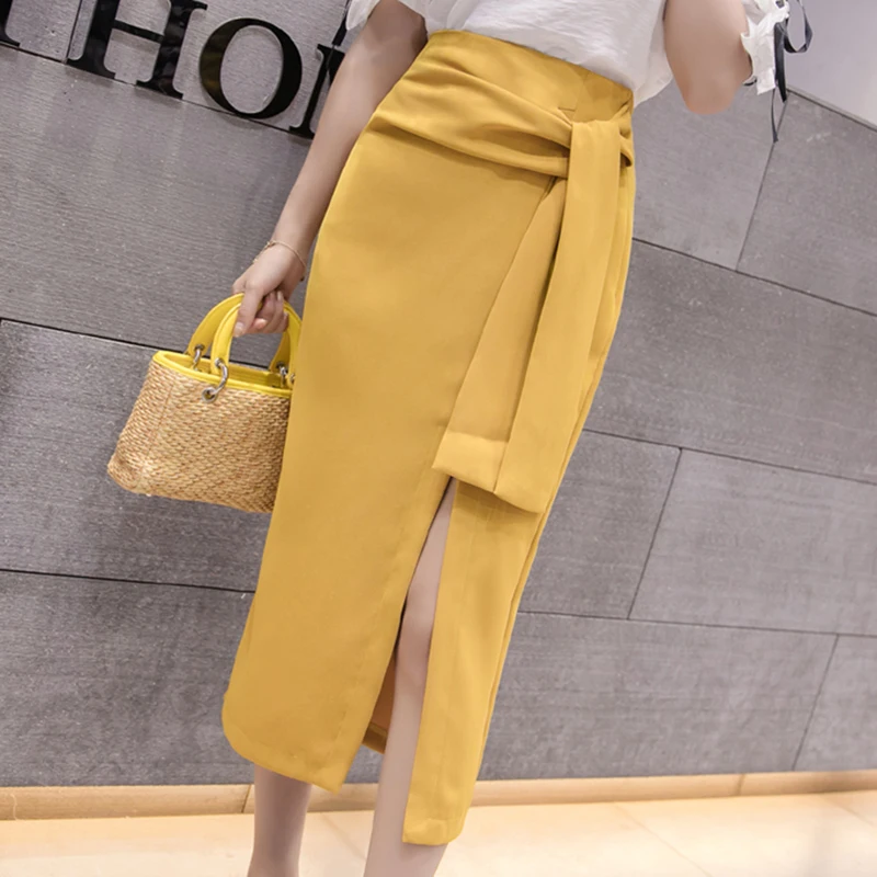 

LJSXLS Saia Mujer Faldas 2020 Autumn Fashion Korean Sexy Split Midi Skirt Women Lace-Up High Waist A-line Skirts Black Yellow