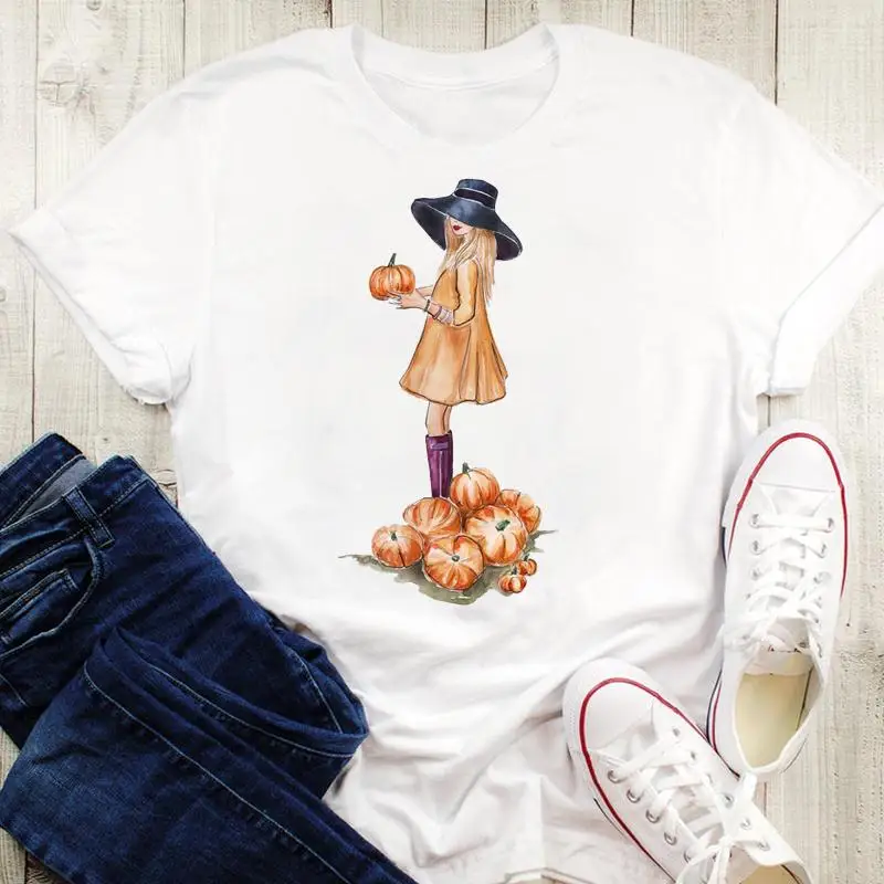 

Short Sleeve 90s Trend Fall Autumn Graphic Print Tees Women Halloween Thanksgiving Cartoon Tops Tshirt Female Style T-Shirt