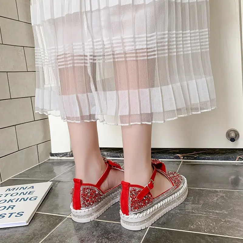 

New Women Fashion Crystal Bowknot Flats Women Round Toe Buckle Platform Shoes Woman 2021 Autumn Rhinestone Casual Shoes
