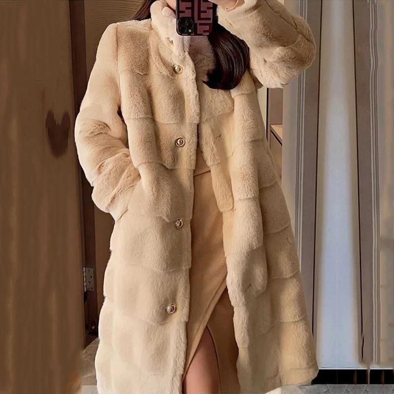 Winter Log Striped Warm Fluffy Faux Mink Fur Coat Stand Collar Korean Luxury Designer Overcoat Female Fur Coat Mink Coat Women