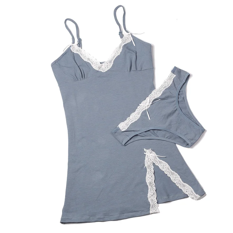 

2 Piece Set Sexy Lace Cotton Nightgown Women Mini Short Dress Panties Suit Spaghetti Strap Night Dress Sleepwear Slim Nightie