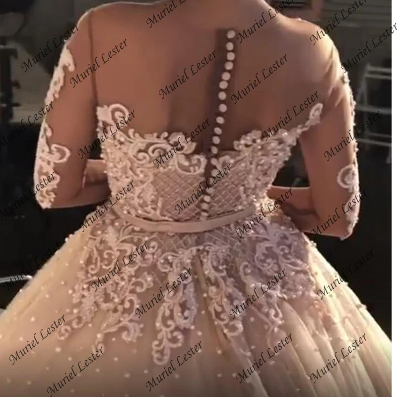 

Custom Beaded Applique Crew Neck Wedding Dresses Sheer Long Sleeves Buttons Back Bride Gowns Tulle Plus Size Vestidos De Novia