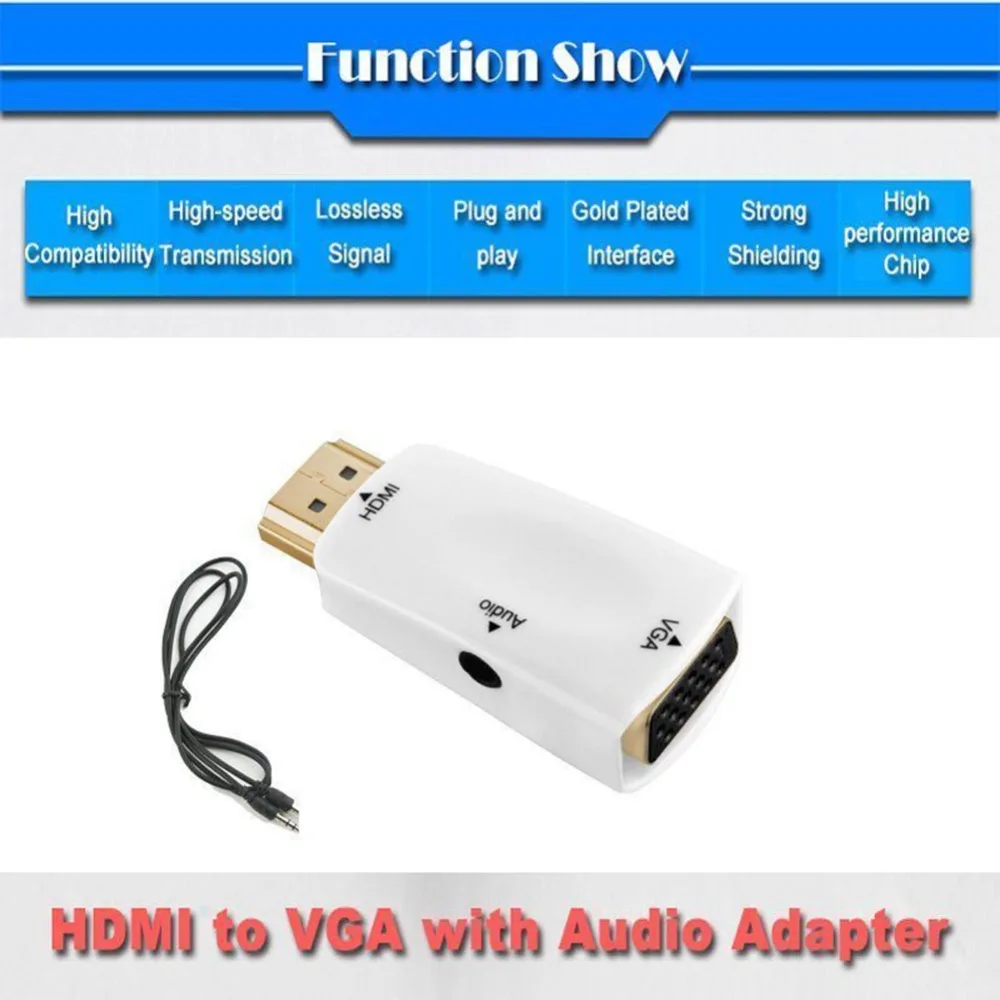 Адаптер-преобразователь видеосигнала со штекером HDMI на гнездо VGA 1080p аудиокабель