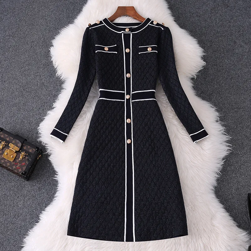 

Fashion Autumn Winter Dress Women 2019 New Runway Designer Long Sleeve Buttons Solid Aline Casual Knitted Sweater Dresses