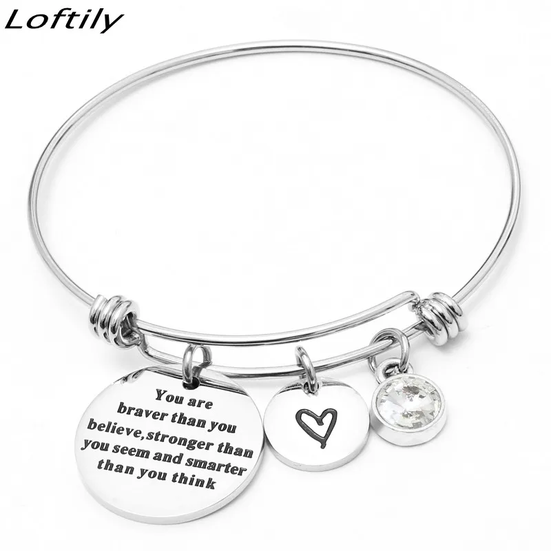 Женский браслет с регулируемыми буквами и камнями рождения из нержавеющей стали "Вдохновение, мужество и дружеские узы"