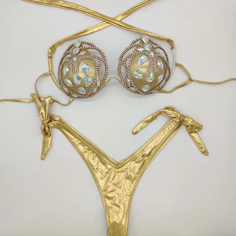 

2020 vacation diamond bling stones bikini set hollow out bathing suit sexy women beachwear hot selling biquini