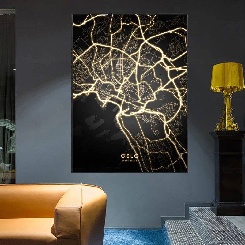 Карта Города мира Норвегия Осло ночной вид дорога свет холст декоративная