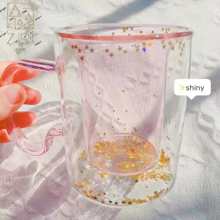 

Korean ins Girl Heart Kawaii Bubble Star Sky Cup Star Sequin Double Wall Glass Coffee Cup Handle Heat Resistant Milk Cup