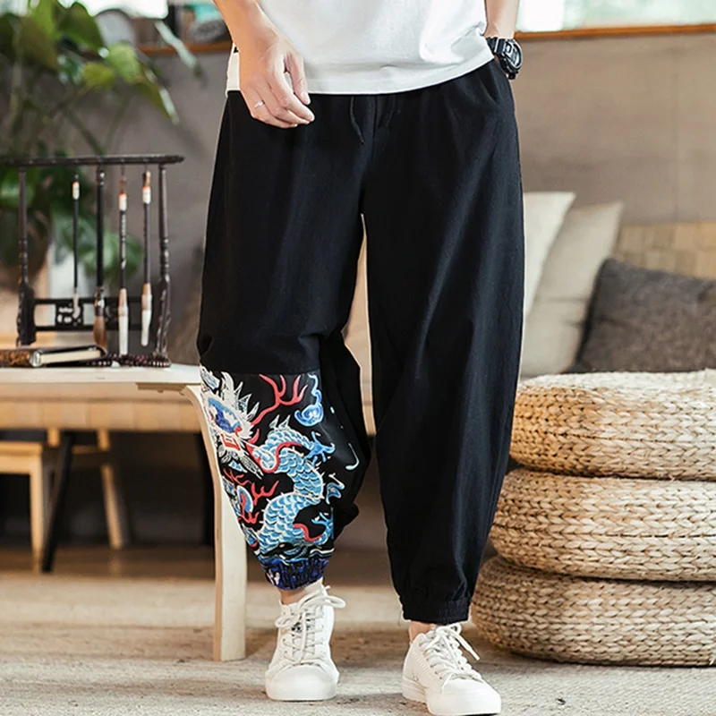 Мужские повседневные брюки большого размера с вышивкой черные в китайском стиле