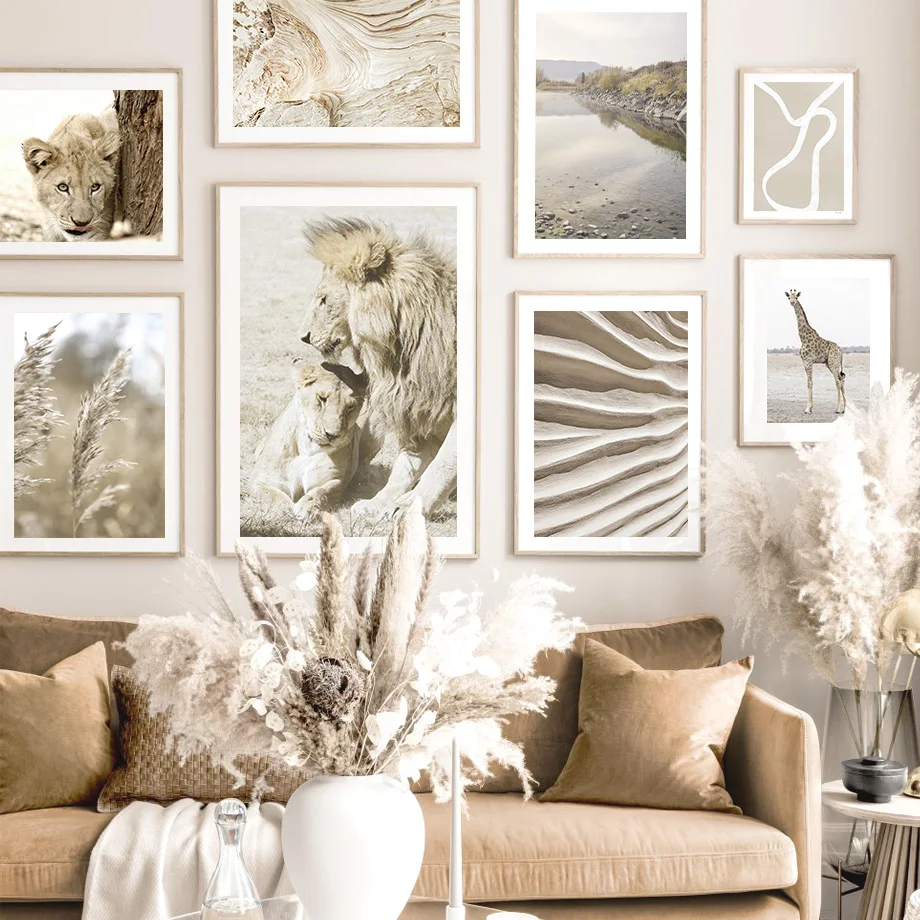 

Beige Natural landscape Reed Lion Giraffe Animal Wall Art Canvas Painting Nordic Posters And Prints Wall Pictures For Home Decor