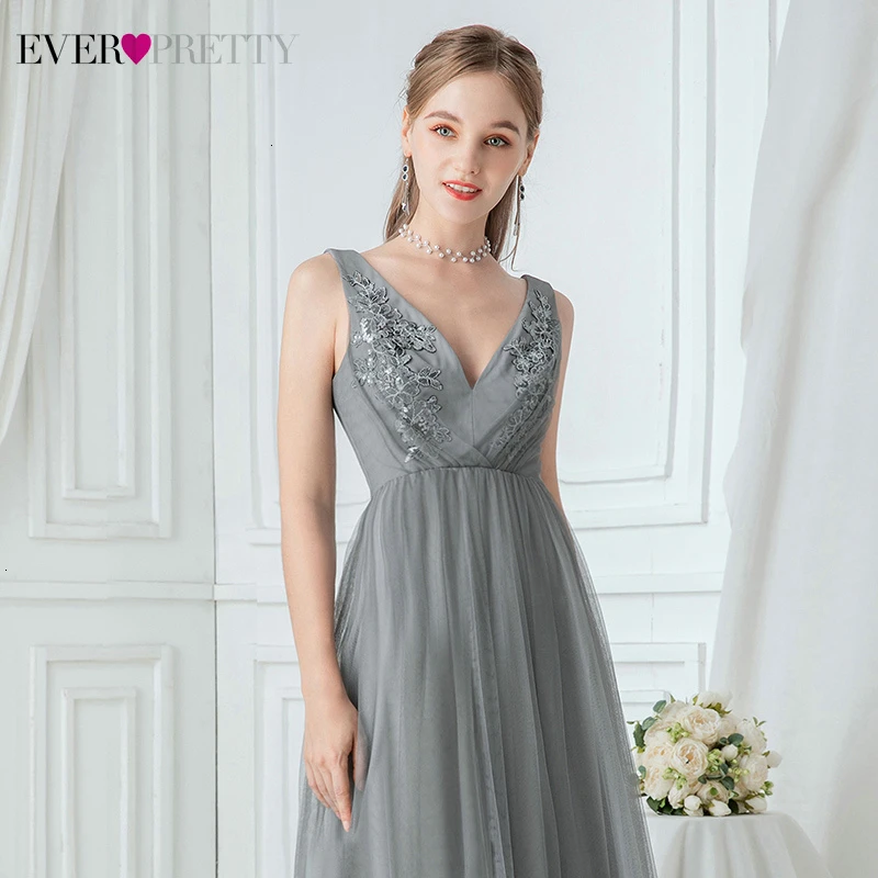 Grey Evening Dresses Ever Pretty A-Line Double V-Neck Sleeveless Appliques Tulle Elegant Long Party Gowns Abiye Gece Elbisesi