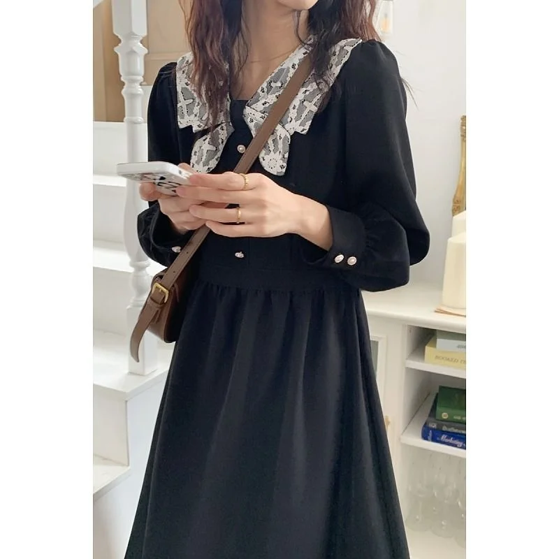 

Autumn/winter Black Dress Women's Waist Closing Temperament Ins Thin Long Sleeved Fairy Skirt 2021 Casual Hepburn Small Black