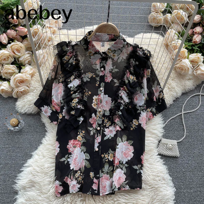 

Women French Flower Blouse Retro Turndown Collar Puff Sleeve Button Tops Spring Casual Loose Bohemian Print Blouses