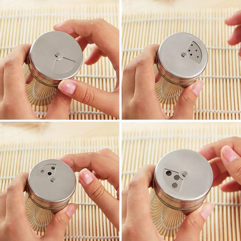 

Kitchen Spice Storage Tank Condiment Tissue Gadget Shaker Bottle Stainless steel rotating jar of seasoning inside glass