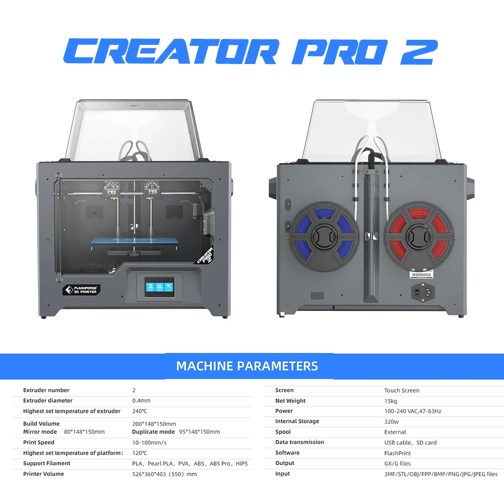 

Flashforge Creator Pro 2 Independent Dual Extruder 3D Printer with LED Light Mirror and Duplicate Printing Mode Impresora 3d