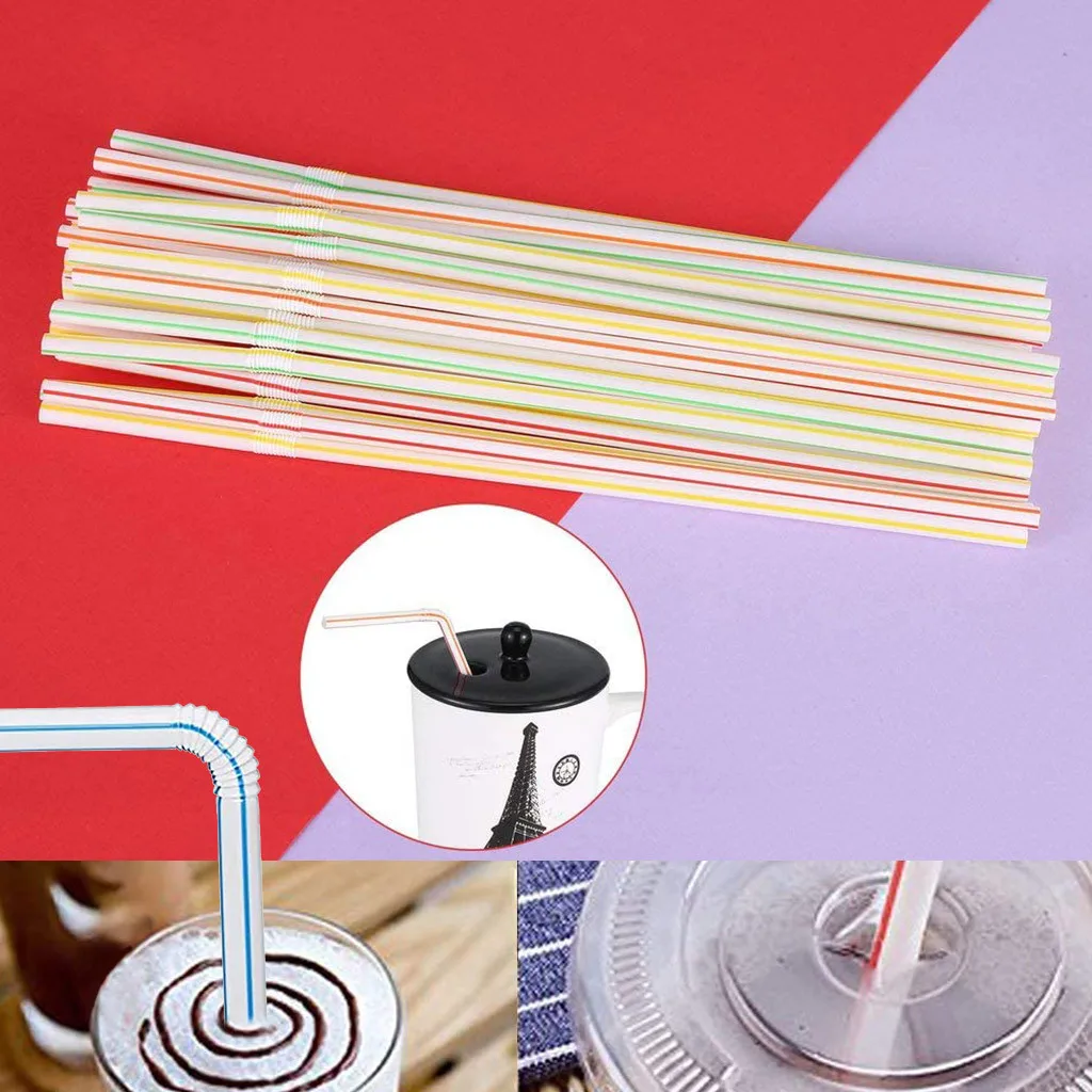 

Disposable Drinking Straws Straw Bar Accessories Bendy Striped Rainbow Elbow Straws Juice Drink Milk Tea Straws Random Color