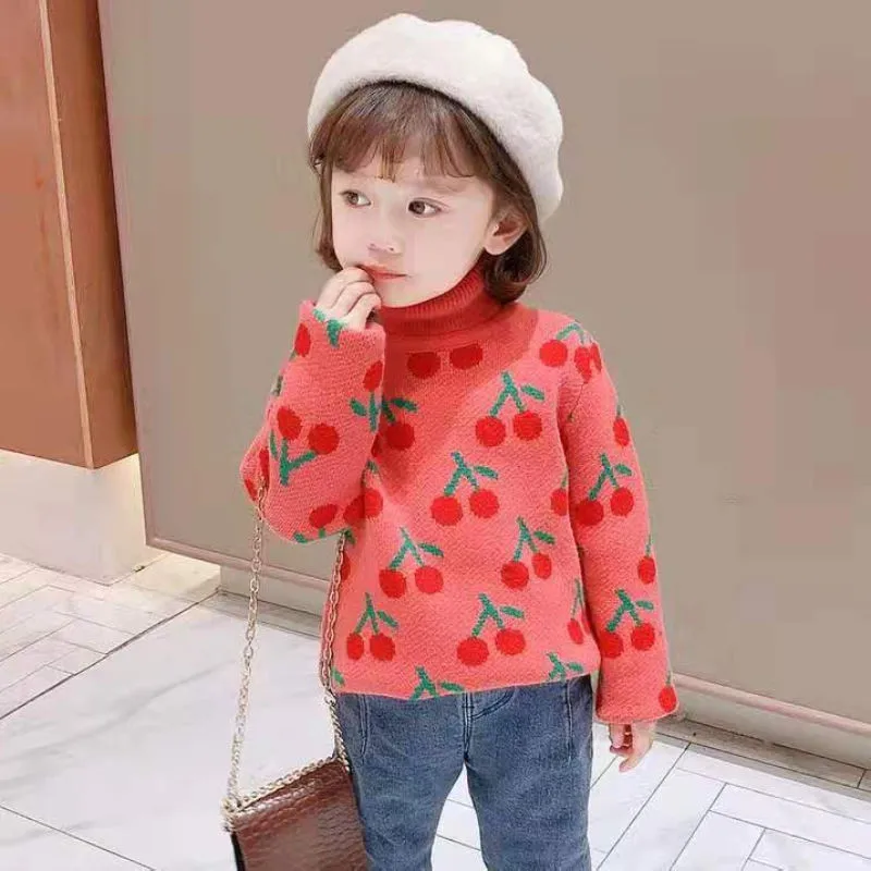 

2021 New Girl Red Casual Sweater Children's Knitted Woolen Turtleneck Spring/Winter Kids Cute Plus Velvet Warm Thicken Cartoons