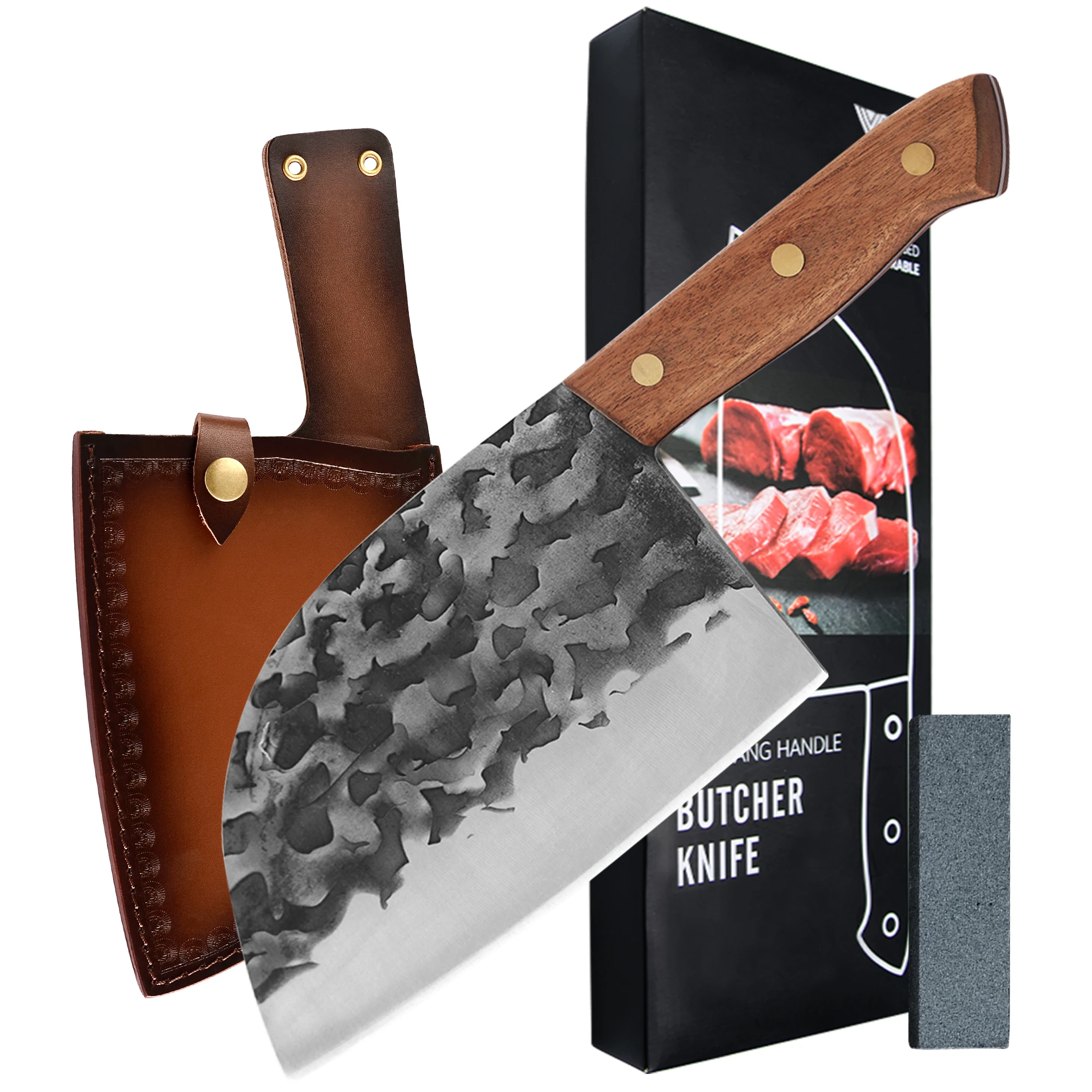 

XYJ 7-дюймовый мощный нож для мясника с полным покрытием, нож для нарезки овощей, мяса, лезвие из нержавеющей стали с ножнами, мини-точильный ка...
