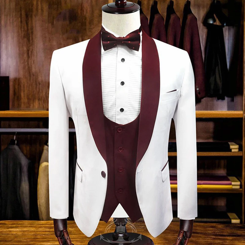 

2020 Marriage Men Suits Italian Style Cotton White one button groom wedding Suits Three pieces Blazers+pants+vest Party Occasion