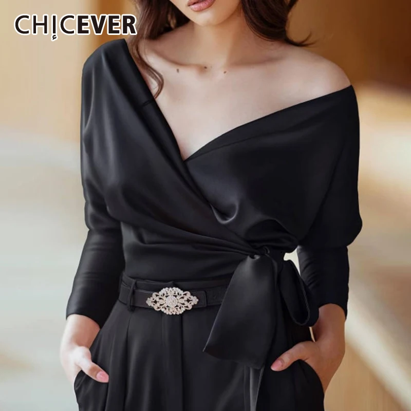 

CHICEVER Black Casual Slim Shirt For Women Neck Long Sleeve Belt Designer Solid Minimalist Blouses Female Clothing Autumn 2021