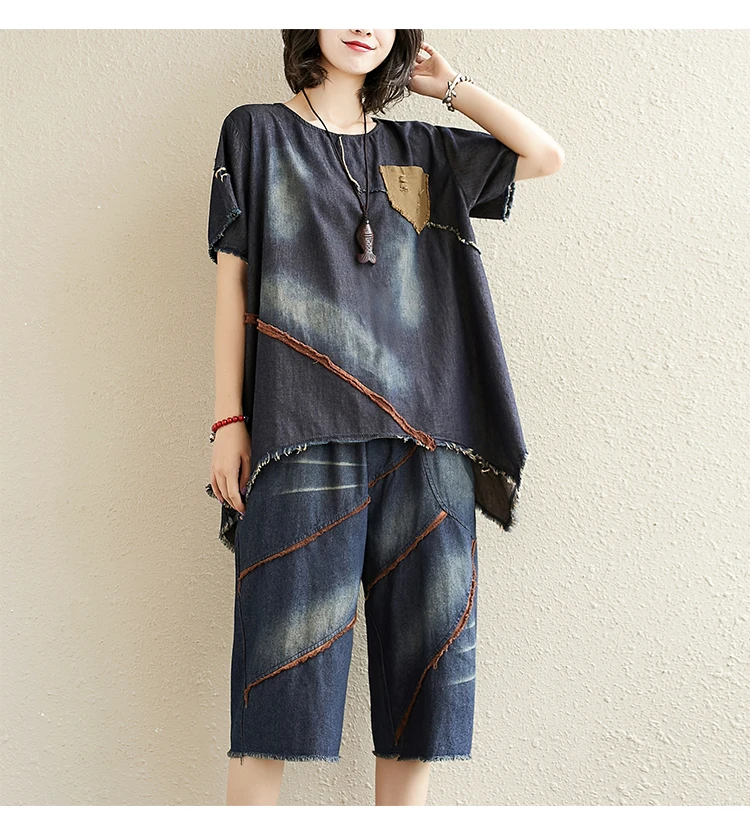 

Printed denim jacket suit women's 2021 summer new fresh age reducing short sleeve top fashion two piece set fashion