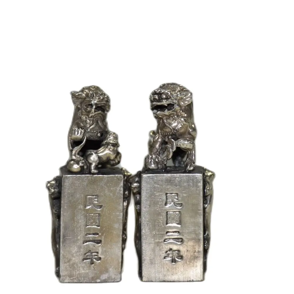 

Пара скульптур собаки, коллекция металлических поделок, статуя тибетского Серебряного льва, Высота 6,5 см, длина 2,5 см