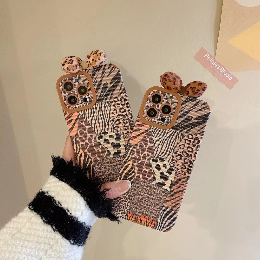 

Animal Pattern Stitching Bow Case For iPhone 13 12 11 Pro Max Xs XR