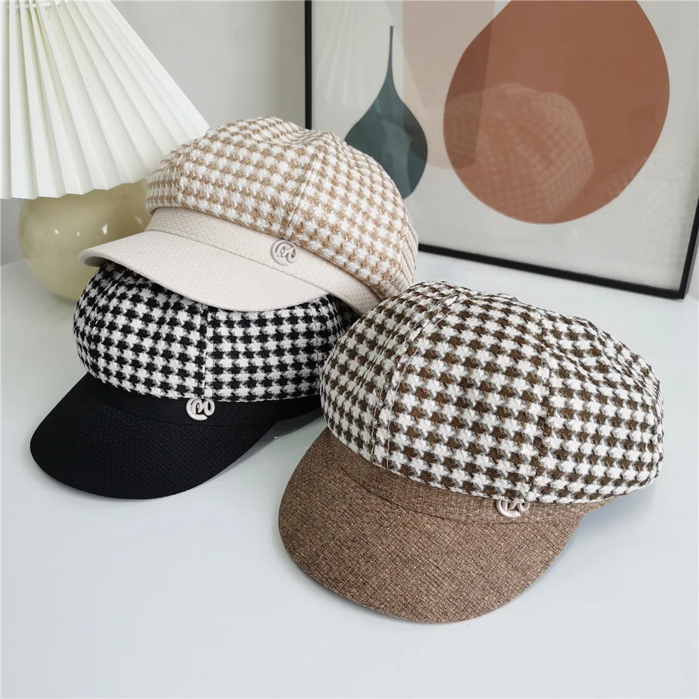 

2021 New Hats For Women British Octagonal Cap Plaid Patchwork Visors Newsboy Cap Vintage Autumn Winter Berets Ladies Hat